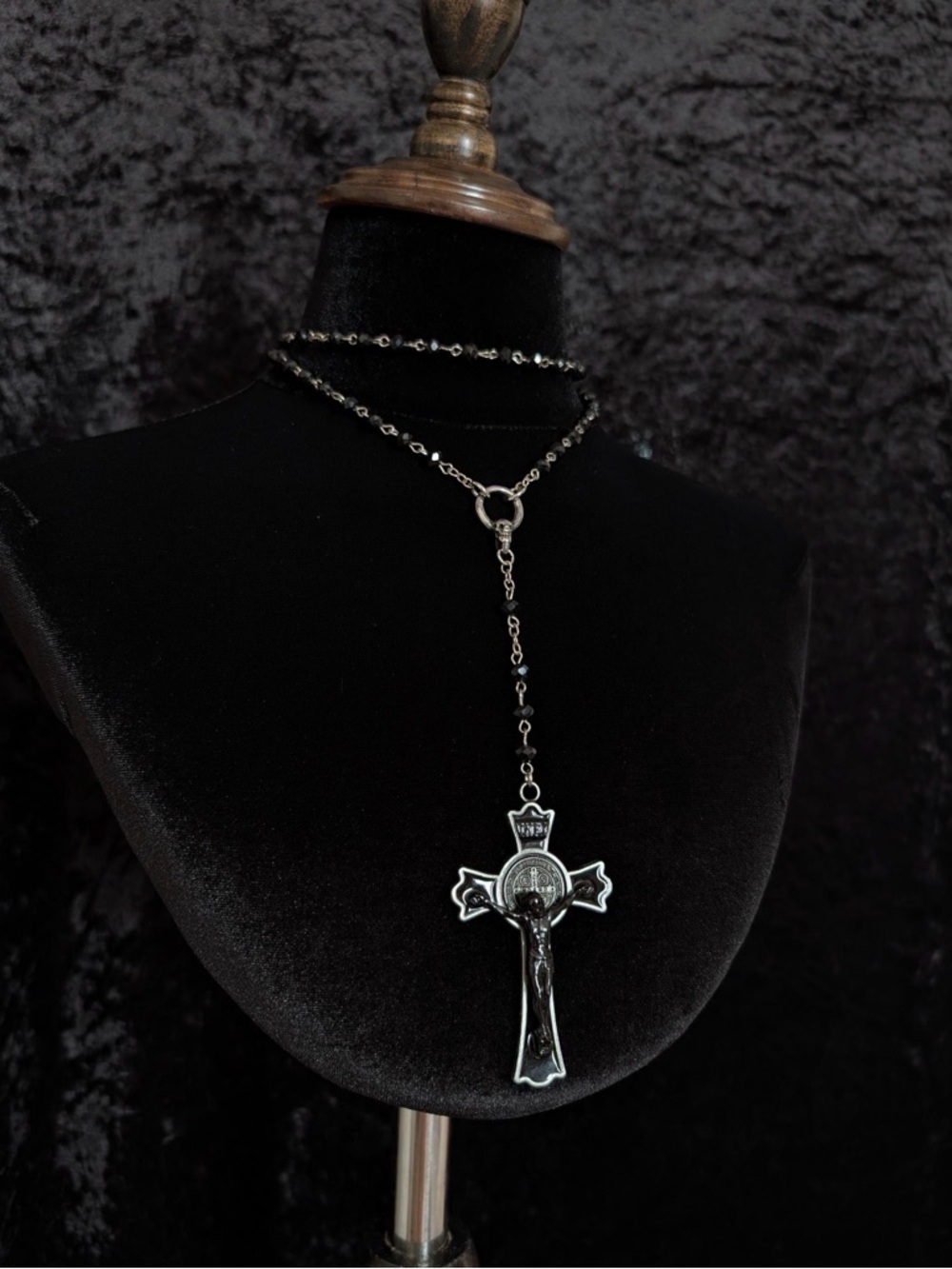 Black Silver-Tone Crucifix Rosary Necklace - Women Jewelry